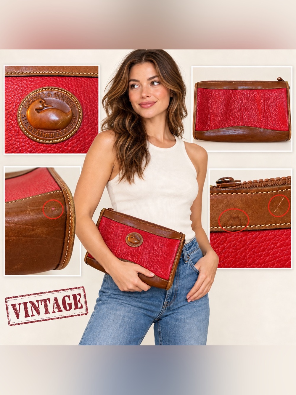 Vintage Dooney & Bourke All Weather Leather Ted Brown Zip Clutch Bag Duck Logo